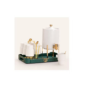 Luxury drink dispenser set with gold-plated faucet, 6 cups with gold holders, pitcher with base, serving tray, and gold spoons, white × gold color with sultanic pattern, code C-04-W9
