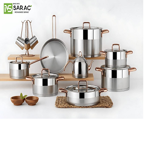 Yonca Heavy Turkish Stainless Steel Cookware Set – 19 Pieces with Copper Handles, includes casseroles with lids (18–20–24–28 cm), shallow pot with lid (26 cm), frying pan (24 cm), saucepan (16 cm), ke