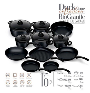 Aboud Bayo Granite 16-Piece Cooking Set (Pots 20/22/24/28 + Saucepan 18 cm + Frying Pans 20-24-28 + Wok 28 + Grill 28 + Baking Tray 28) Black
