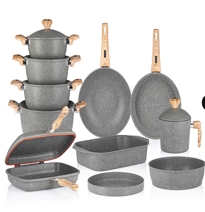 Granite Gigilli Cookware Set – 17 Pieces – 4 Pots (28-24-22-20 cm) + Roaster 35 cm + Frying Pan 26 cm + Oven Tray 28 cm + Wok 28 cm + Pizza Tray 28 cm + Double Grill 36 cm + Milk Pot 16 cm – Gray
