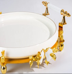 Round Sweet Tray Snow White Style with Gold Handles and Bases MD0536

