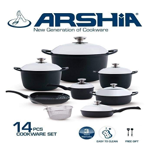 Arshia Premium Die Cast Cookware 14pc Set Nonstick Coating Black 2985

