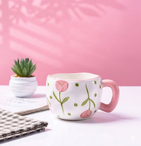 Mug Porcelain Pink Flower Shapes, Creamy MG5320-1