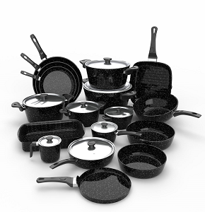 Granite Cookware Set Top Chef 25 Pieces Black Composition (Pots 16-20-24-26-30 / Frying Pans 20-24-30 / Milk Pan 16 / Grill Pan 28 / Wok 28 / Deep Frying Pans 26-30 / Casserole 30 / Sauté Pan 26 / Sau