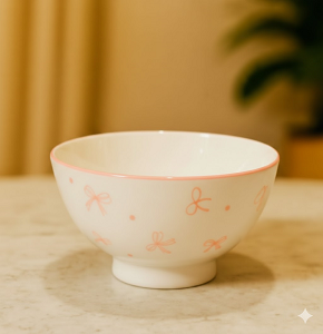 Porcelain Bowl – 12 cm, Pink, Ribbon Bow Design - SHIN - 200 F - C