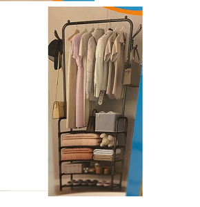 Multi-functional metal clothes rack designed as practical space-saving storage solution 
