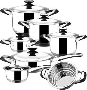 Stainless set 12 pieces. 4 pots size 16,18,20,24, casserole size 16, frying pan size 24, and sauteed vegetables for all sizes of pots
