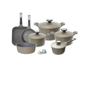 Neoflam Granite Pot Set, Beige, 13-Piece Grooved, Pots (20-22-24-28 cm) + Fry Pan 24 + Grill 28 + 2 Silicone Grips
