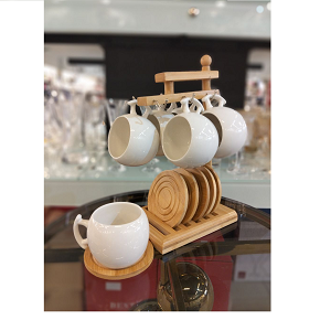 Set of 6 porcelain mugs with 6 wooden serving coasters and wooden holder for organization and display 
