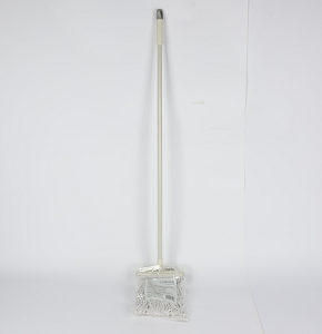 Mop with dense cotton bristles and long wooden handle, beige and white