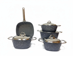 Saflon granite cookware set, 9 pieces, square, gray, stainless steel handles
