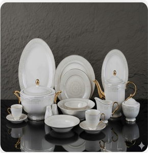 Oxford dining set 60 pcs round design featuring contrast between pure white porcelain and shiny gold color
