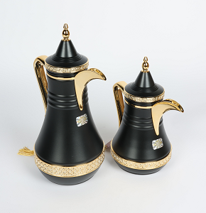 Mamlouk Thermos Flask Set – 2 Pieces (1L + 0.35L), Olive Color with Pattern and Gold Handle

