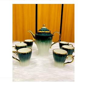 A luxury tea set consisting of one teapot, six cups, and one serving tray.

