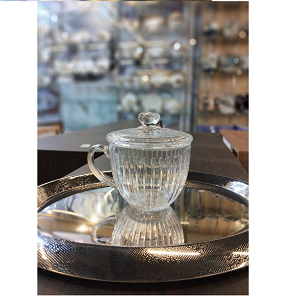 Living Home glass mug with lid, elegant grooved design and comfortable handle