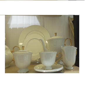 Tea and cake set, 24 pieces, Thai made, Elegant brand, soft light beige with golden touches on edges and handles.
