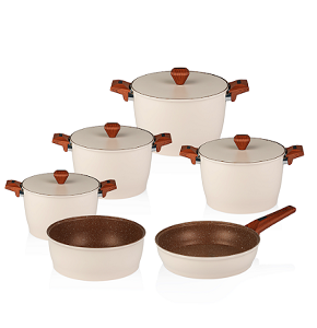 Granite Gigilli Cookware Set – 10 Pieces – 4 Pots (28-24-22-20 cm) + Frying Pan 26 cm + Oven Tray 28 cm – Beige


