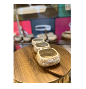 Snacks Set 3 Pcs Square With Wooden Base, Dark Marble MG12-14