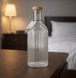 Glass Water Bottle White Round Ribbed with Cork Lid - abdo-209-176 A