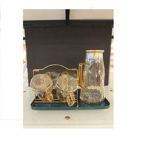 Glass drink set with gold-plated handle and serving tray with distinctive sequoia pattern, code GX-43-T
