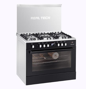 Real Tech Cooker, Black Steel Model – 90×60 | Italian Oven Chambers | Fan | Cast | Sensor | Touch | Easy-Clean Door | Oven Side Grids | Full Safety | Knob Ignition | Gas Cut-off (Control) | Basket Rol
