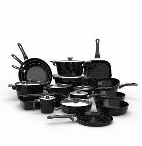 Granite Cookware Set Top Chef 25 Pieces Black Composition (Pots 16-20-24-26-30 / Frying Pans 20-24-30 / Milk Pan 16 / Grill Pan 28 / Wok 28 / Deep Frying Pans 26-30 / Casserole 30 / Sauté Pan 26 / Sau