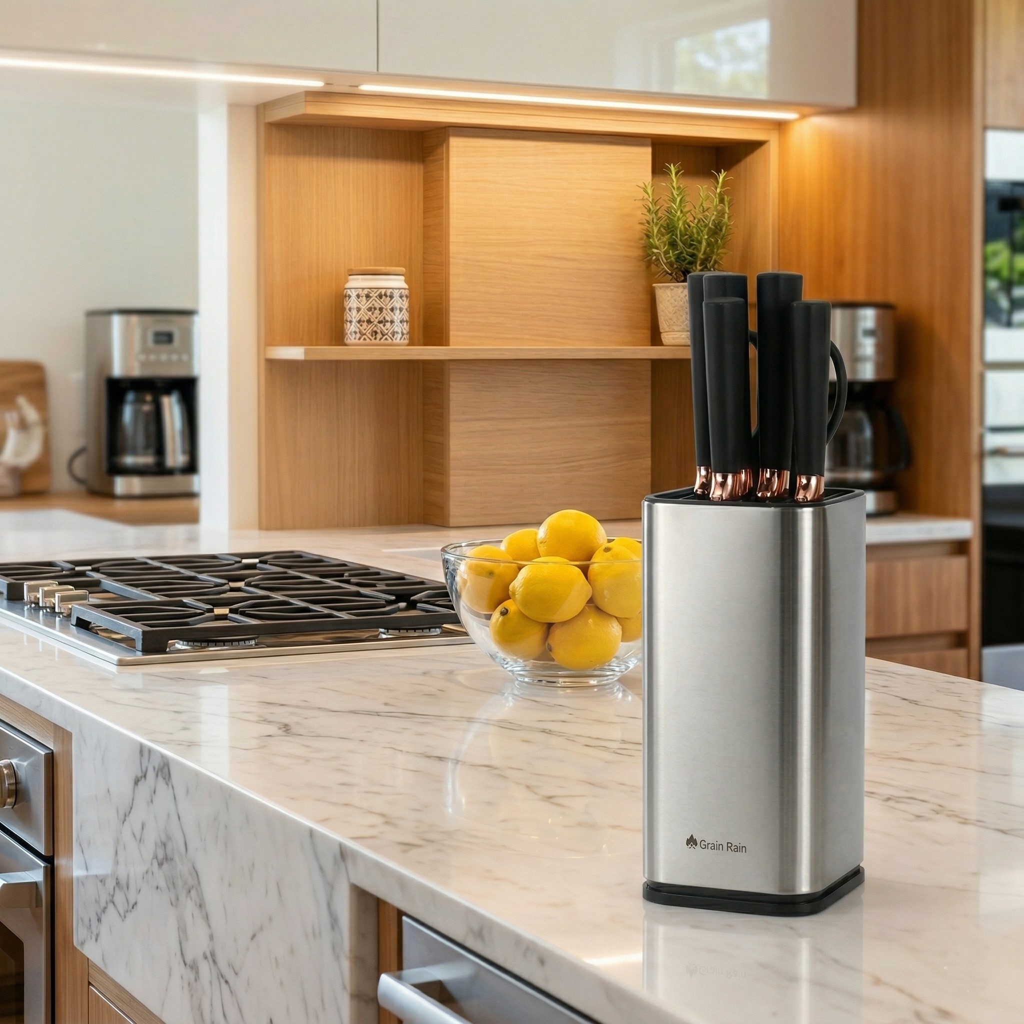  Knife Set 6-Piece with Stand: 7-inch Kitchen Knife, 8-inch Chef Knife, 8-inch Bread Knife, 5-inch Utility Knife, Kitchen Scissors, and Peeler.