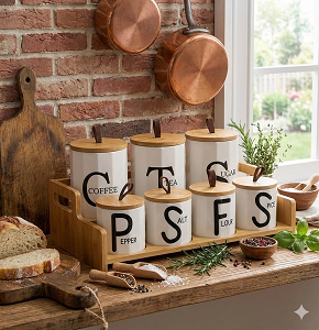 Set of 7-piece porcelain spice jars equipped with wooden lids with leather loops and double wooden display base with modern design and embossed English letters ZY340-2