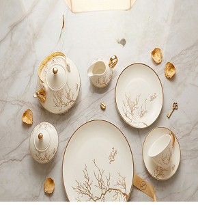 HOME Life 24-Piece Tea & Gateau Set Gold WHITE B9-8 1006564