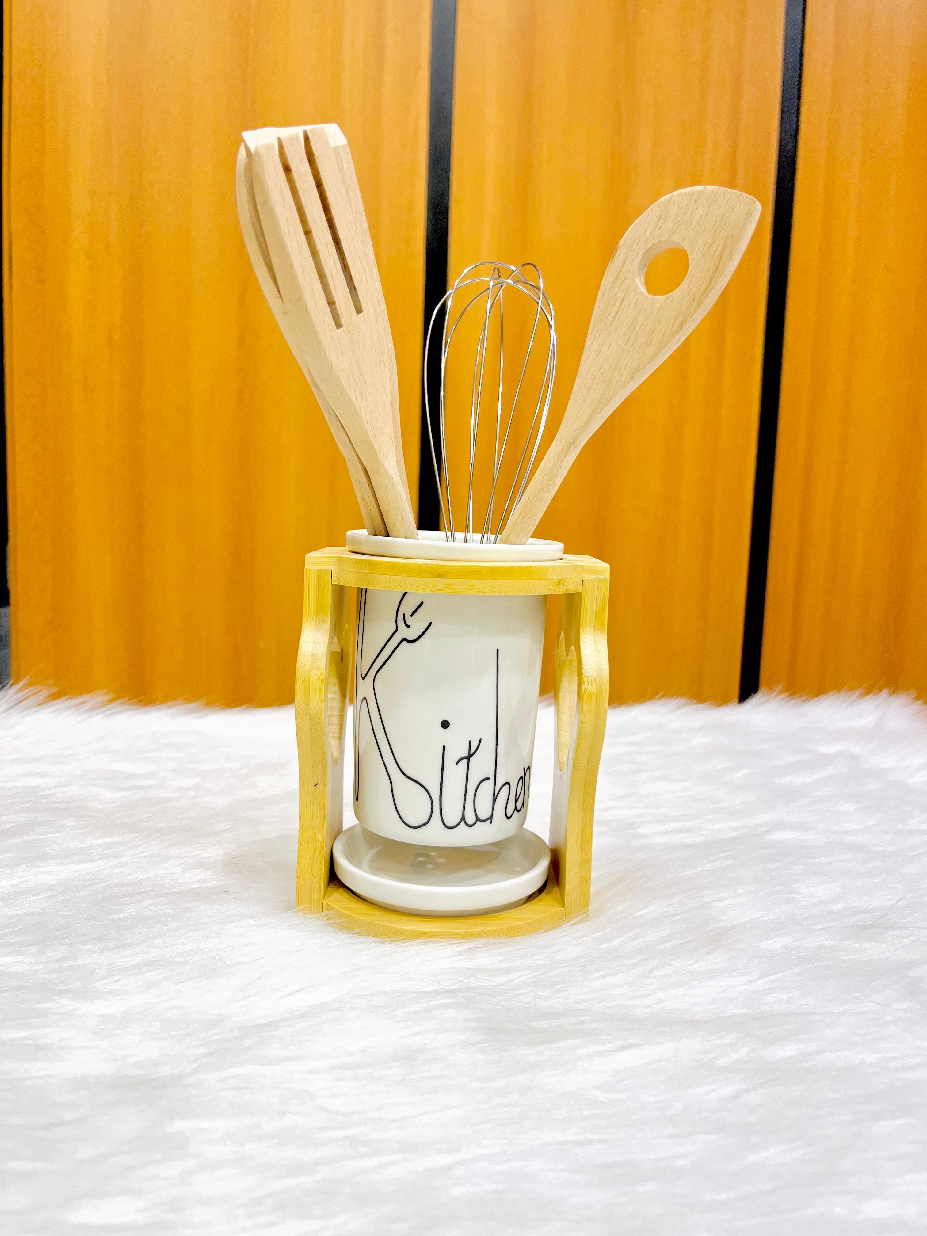 Utensil Set 5 Pieces – ZY367-3 (4 serving tools and 1 stainless steel whisk) with elegant porcelain holder and bamboo wooden base