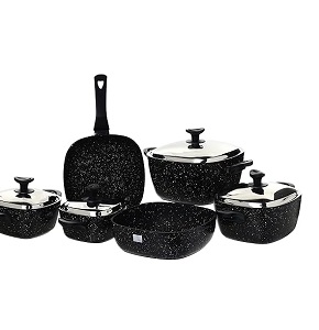  Granite Trend Line 10-piece round set includes pots (18-20-24-28 cm) a 26 cm frying pan and a 28 cm baking tray in black.
