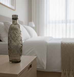 Glass water bottle,Fume Printed Design round shape, silver lid - abdo - 210 - 45 D