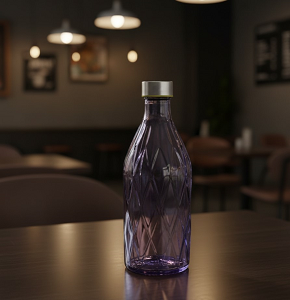 Glass Water Bottle Purple Embossed Pattern Round Shape, Silver Lid - abdo-201-209