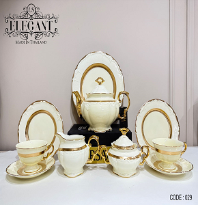 Tea and cake set, 24 pieces, Thai made, Elegant brand, light beige decorated with wide golden frames and luxurious golden touches.
