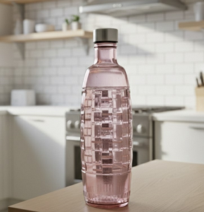 Glass water bottle, burgundy, square pattern with silver lid - abdo-210-43C