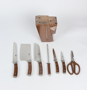 Knife Set 7-Piece with Stand: 8" Chef Knife, 8" Slicing Knife, 8" Bread Knife, 5" Utility Knife, 3.5" Paring Knife, Kitchen Scissors, and Peeler.