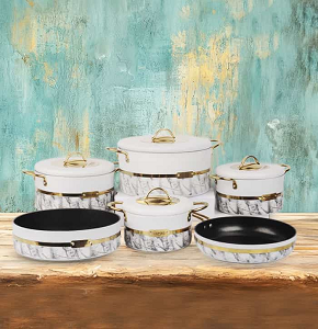 Oxford Pot Set 10 Pieces, Turkish Stoneware, consisting of 4 Pots (18-20-24-28), a 26 cm Frying Pan, and a 28 cm Baking Tray in White
