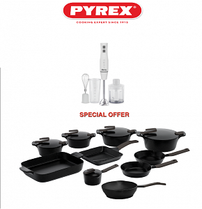 Granite Pyrex Cookware Set – 24 Pieces (Pots: 18, 20, 24, 30 cm) + Frying Pans: 20 & 24 cm + Rectangular Tagine: 31 cm + Grill Pan: 28 cm + Wok: 28 cm + Casserole with Lid: 16 cm + 4 Silicone Holders 