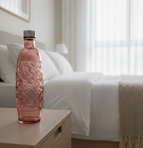 Glass water bottle, burgundy, printed design, round shape, silver lid - abdo-210-45 C