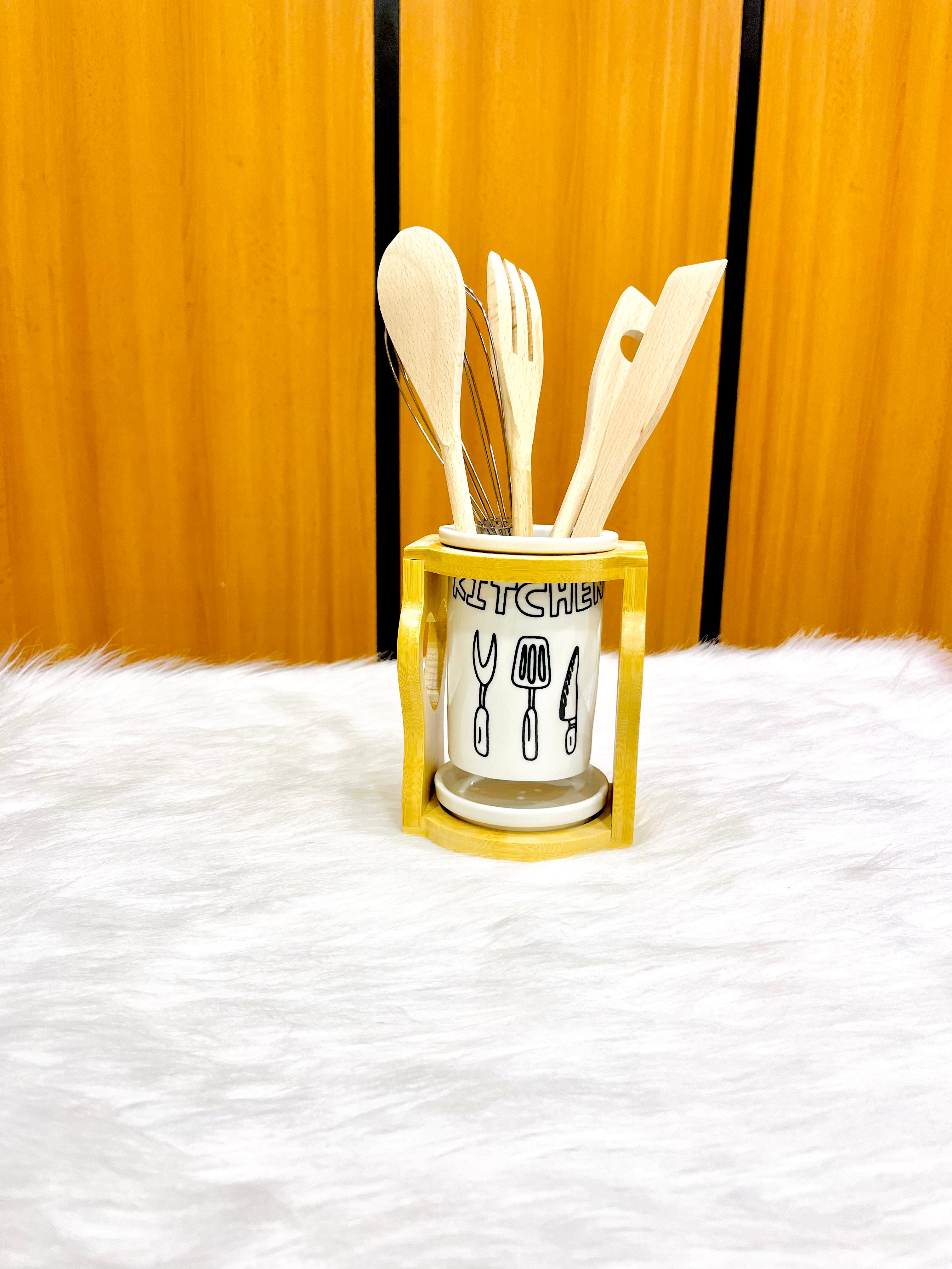 Utensil Holder Set 5 pcs (4 serving utensils and stainless steel whisk) with porcelain holder and bamboo wooden base
