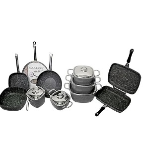  Granite Power Line 15-piece square set includes pots (18-20-24-28 cm) a 24 cm frying pan a 16 cm milk pot a 28 cm wok a 36 cm double grill a 31 cm casserole and a 32 cm crepe pan in pink.
